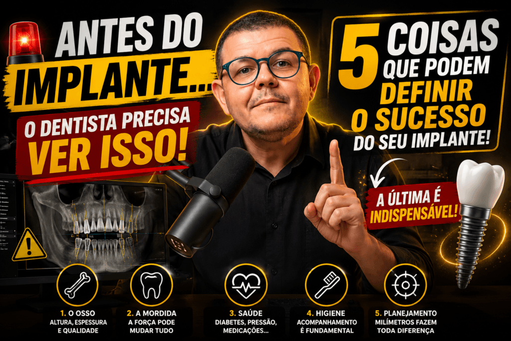 Dentista explicando 5 fatores importantes antes de fazer implante dentário em Campinas.