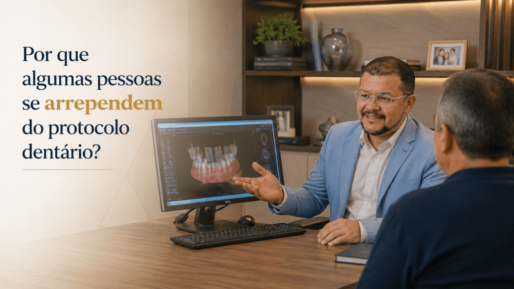 Dr. Caio orientando paciente sobre protocolo dentário e implante dentário em Campinas.