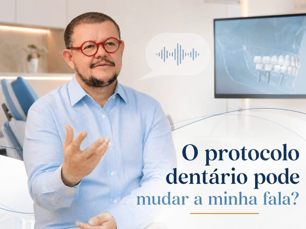 Dentista em Campinas explicando se o protocolo dentário pode mudar a fala do paciente após o tratamento com implantes dentários.