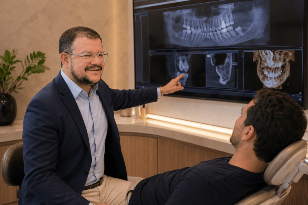 Dentista explicando avaliação para paciente após falha de implante dentário.