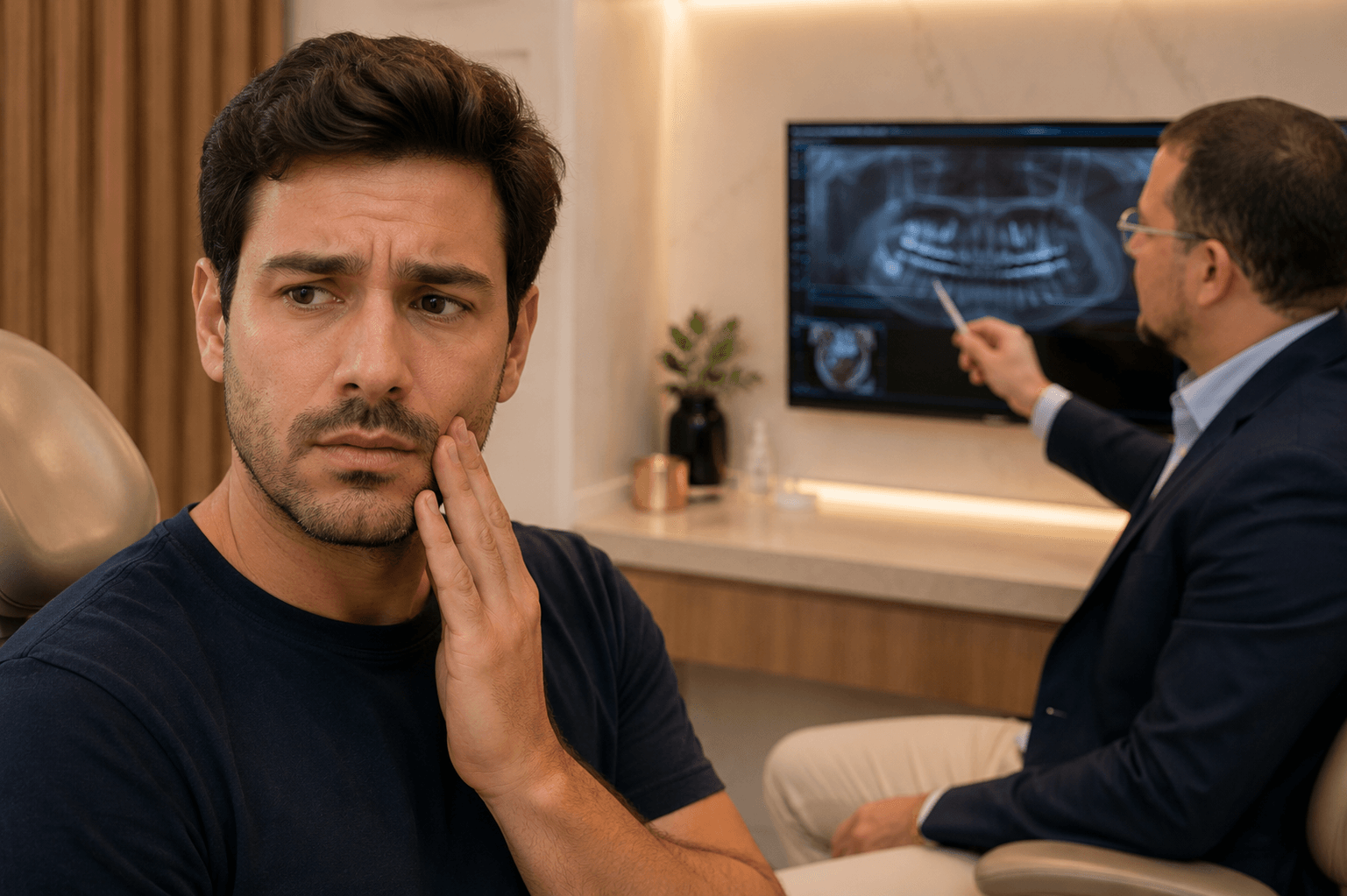 Paciente adulto em avaliação odontológica por dente mole.