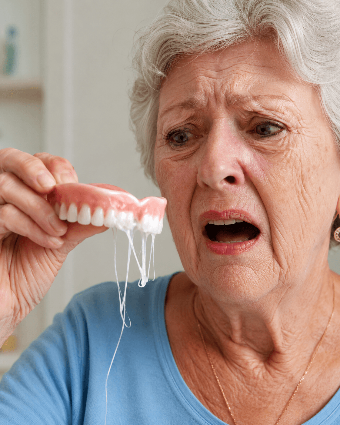 Paciente idoso segurando uma dentadura removível com expressão de dúvida, em consultório odontológico moderno, com dentista ao fundo avaliando exames digitais em ambiente claro, limpo e premium.