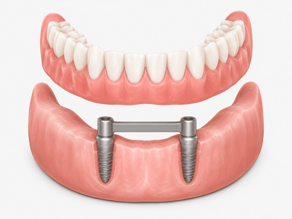 Dentista explicando a diferença entre prótese protocolo e overdenture na Freitas Odontologia em Campinas.
