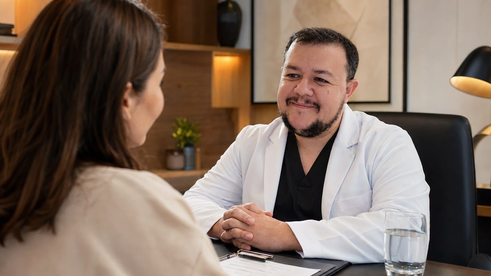 Dr. Caio Peixoto realizando acompanhamento de paciente após tratamento com implante dentário
