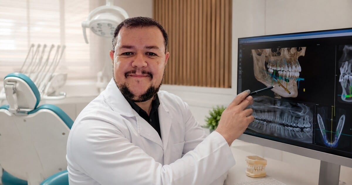Dr. Caio Peixoto avaliando planejamento digital para implante dentário em Campinas