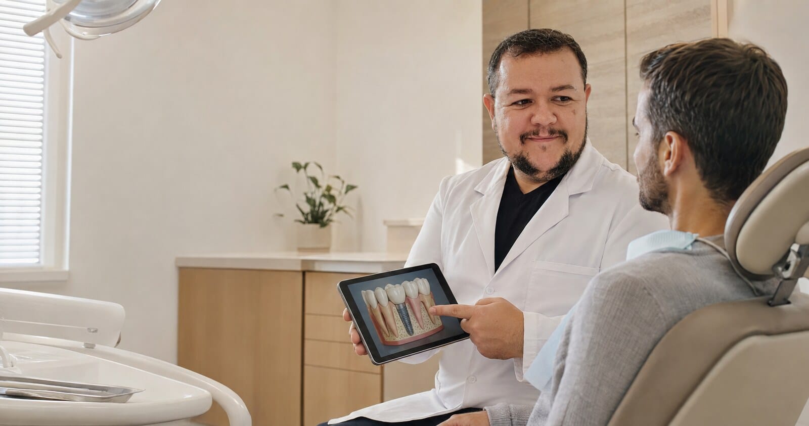 Dr. Caio Peixoto explicando o tratamento de implante dentário a um paciente em Campinas