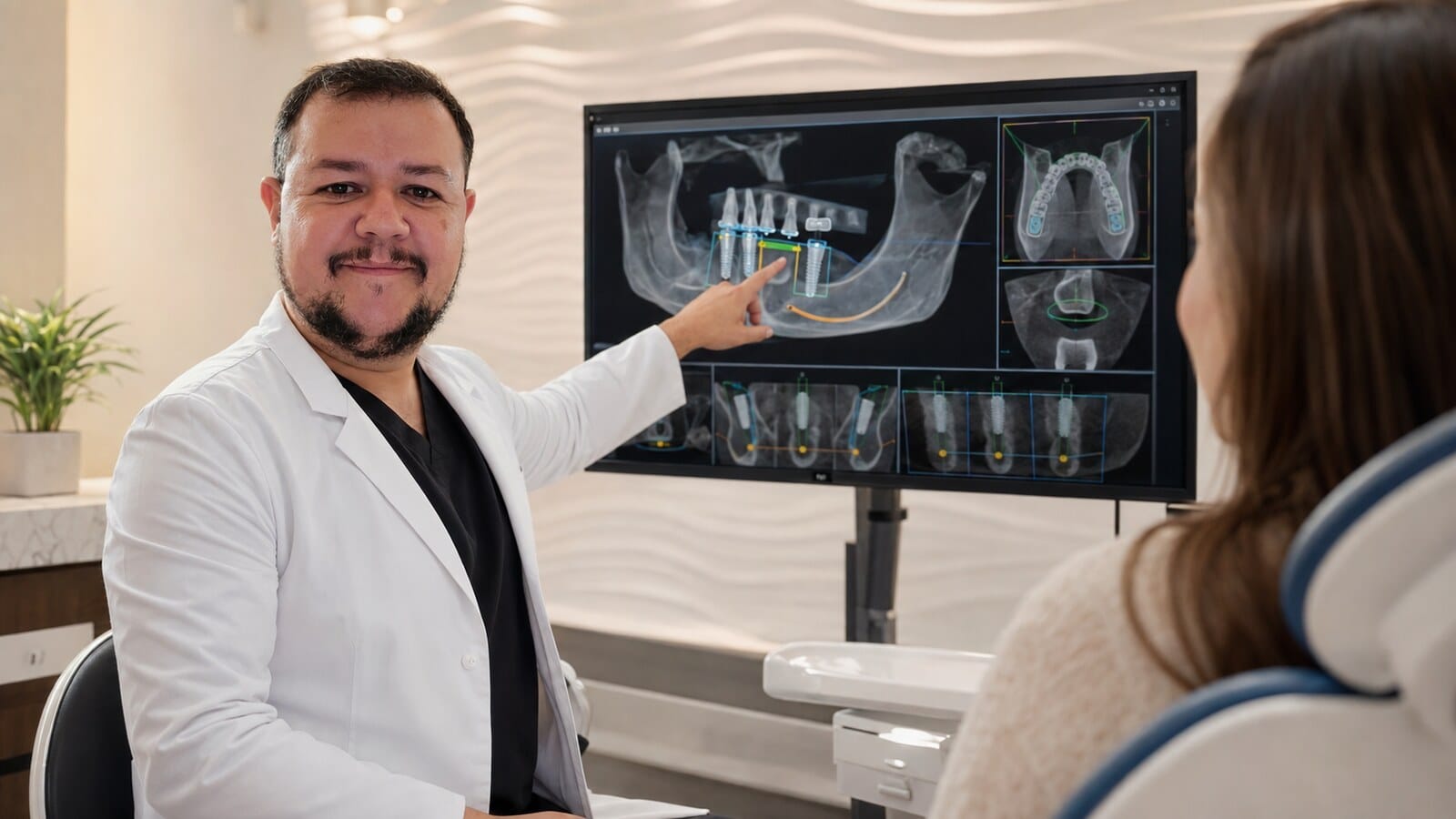 Dr. Caio Peixoto analisando tomografia e planejamento digital de implantes dentários